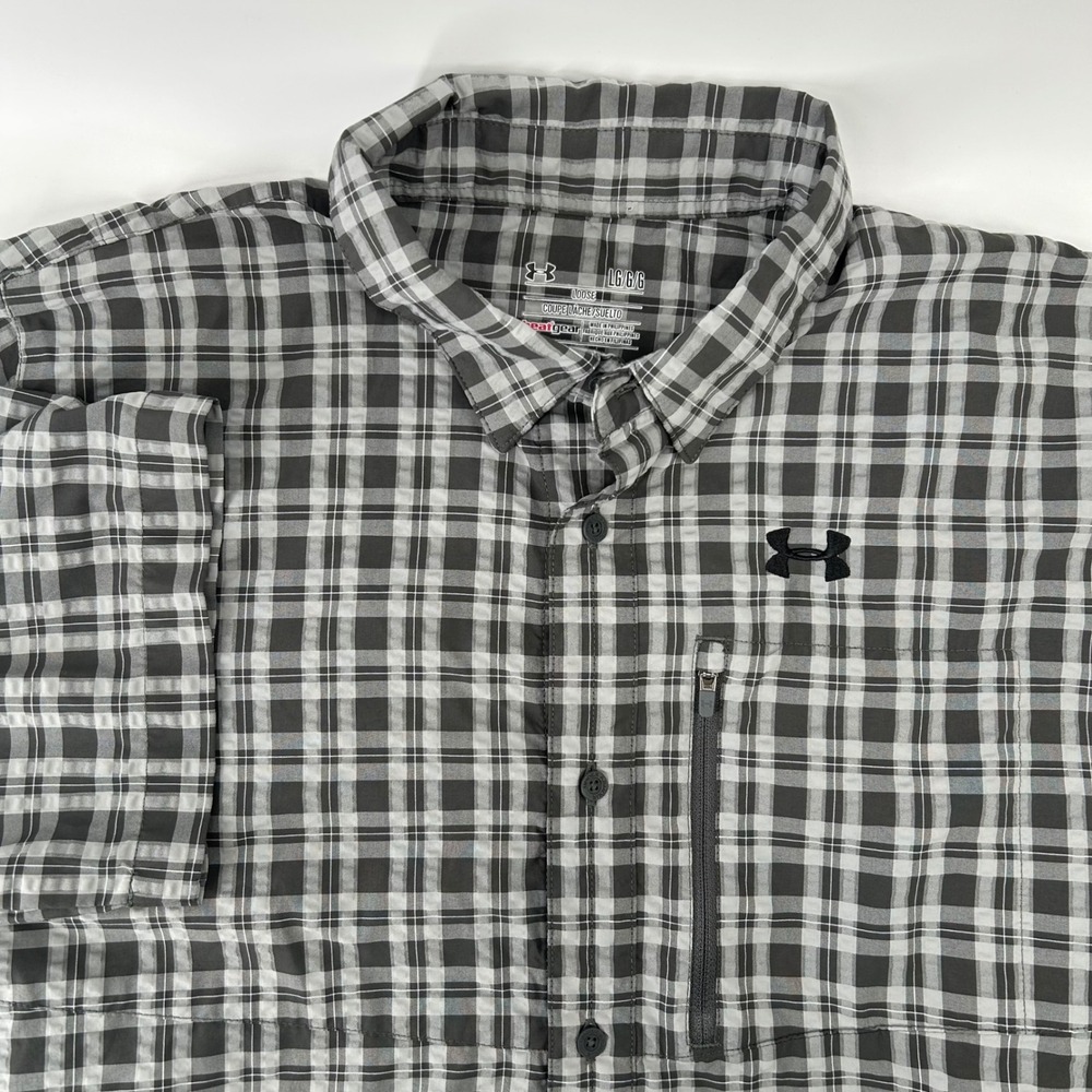 Under Armour Button Down Shirt Mens L Gray Plaid Short Sleeve HeatGear Pocket